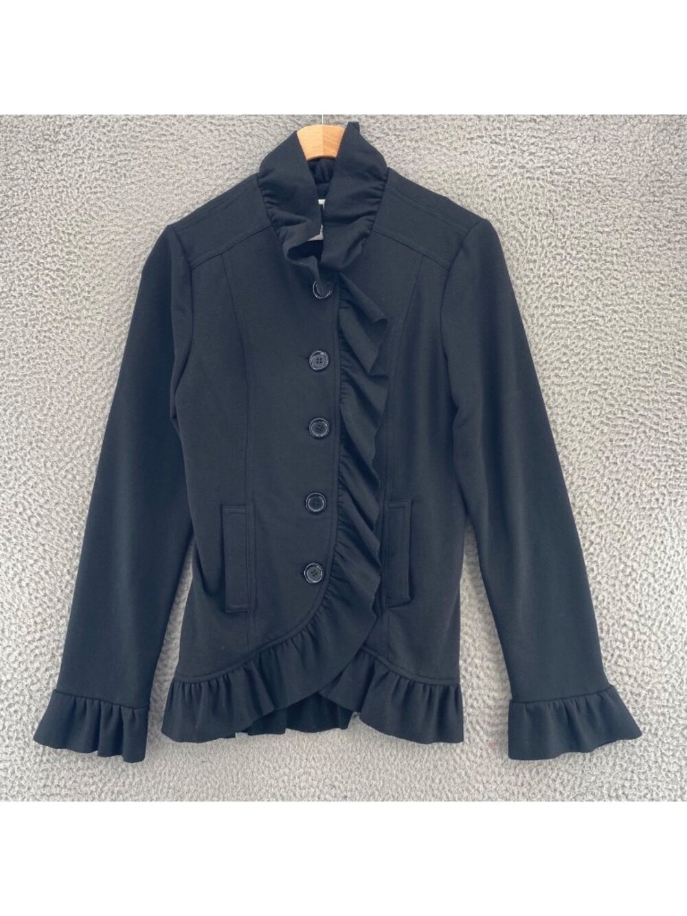 KUT From The Kloth Jacket Womens Small Black Ruffles Knit Cotton Blend Pockets